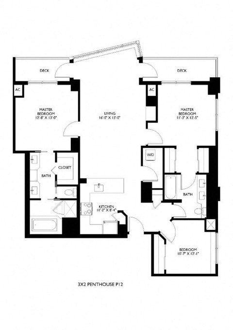 A black and white floor plan of a 3x2 penthouse.
